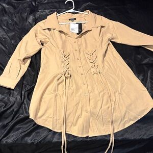Forever 21 Beige Lace-Up Button Front Longline Shirt Dress